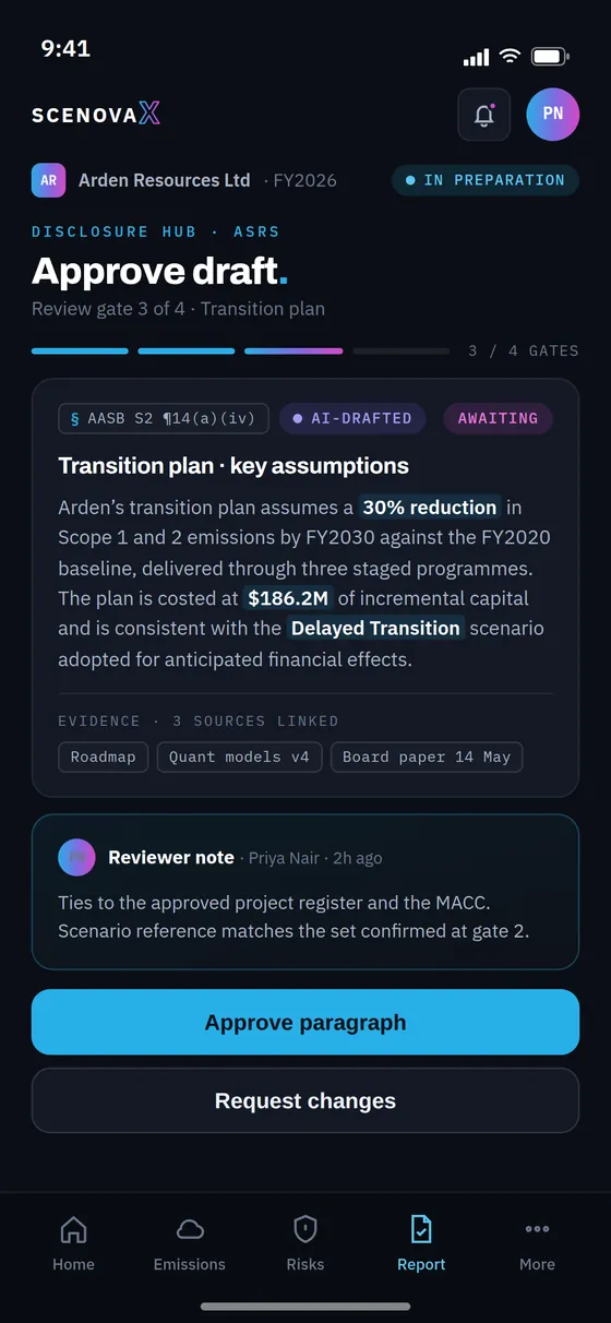 Mobile Approve draft screen: review gate 3 of 4 with an AI-drafted transition plan paragraph, reference chip, linked evidence, reviewer note and approve or request changes buttons